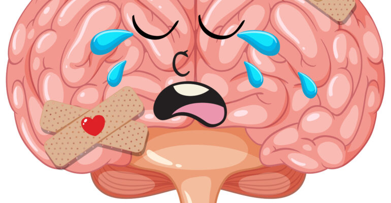 Crying Injured Brain Cartoon with Bandages and Tears